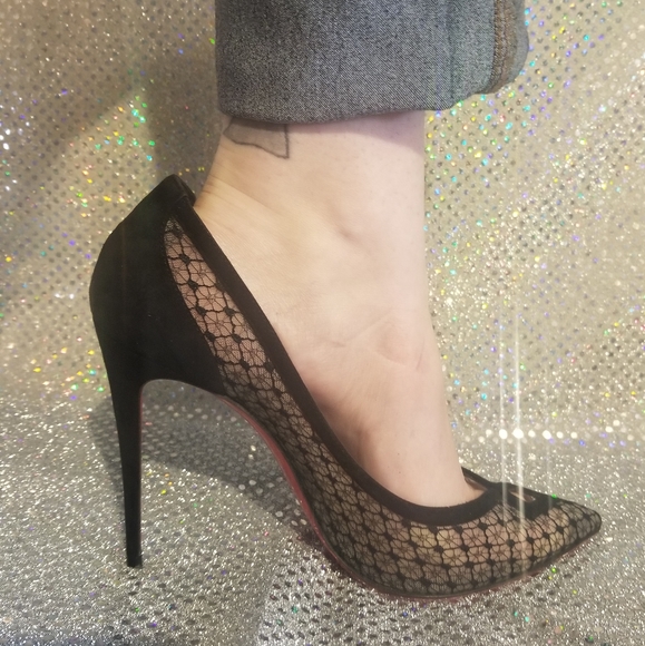 Louboutin Black Lace and Suede Neoalto 100mm Dentelle Resille Complete Set - Picture 11 of 14